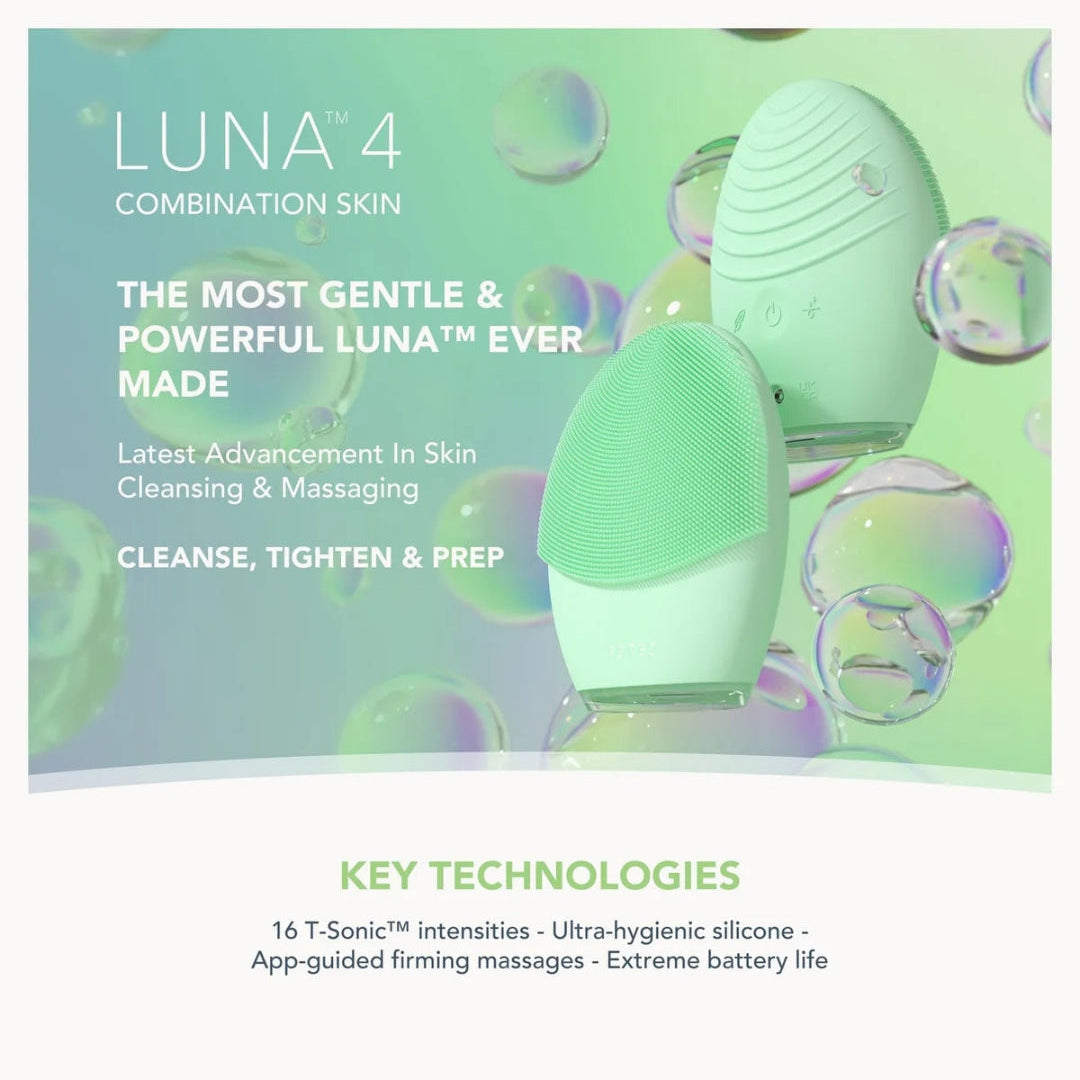 Luna 4 Combination Skin facial cleansing and massaging device shown in a promotional graphic with mint green and iridescent bubbles on a white background with text.