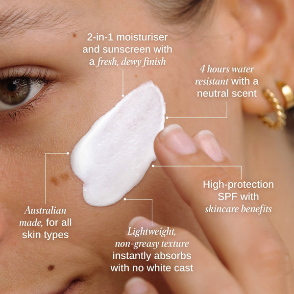 Person applying a 2-in-1 moisturizer and sunscreen to their face with product features highlighted.