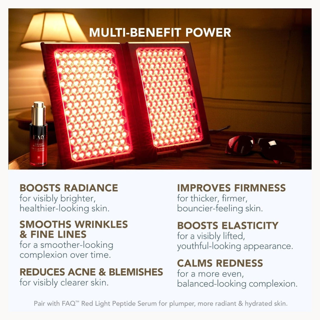 A promotional graphic for a red light therapy panel set in a warm, dimly lit room with a lamp and sunglasses. The panel glows with bright red light, and text overlays describe its multi-benefit powers, including boosting radiance, smoothing wrinkles, reducing acne, and calming redness.