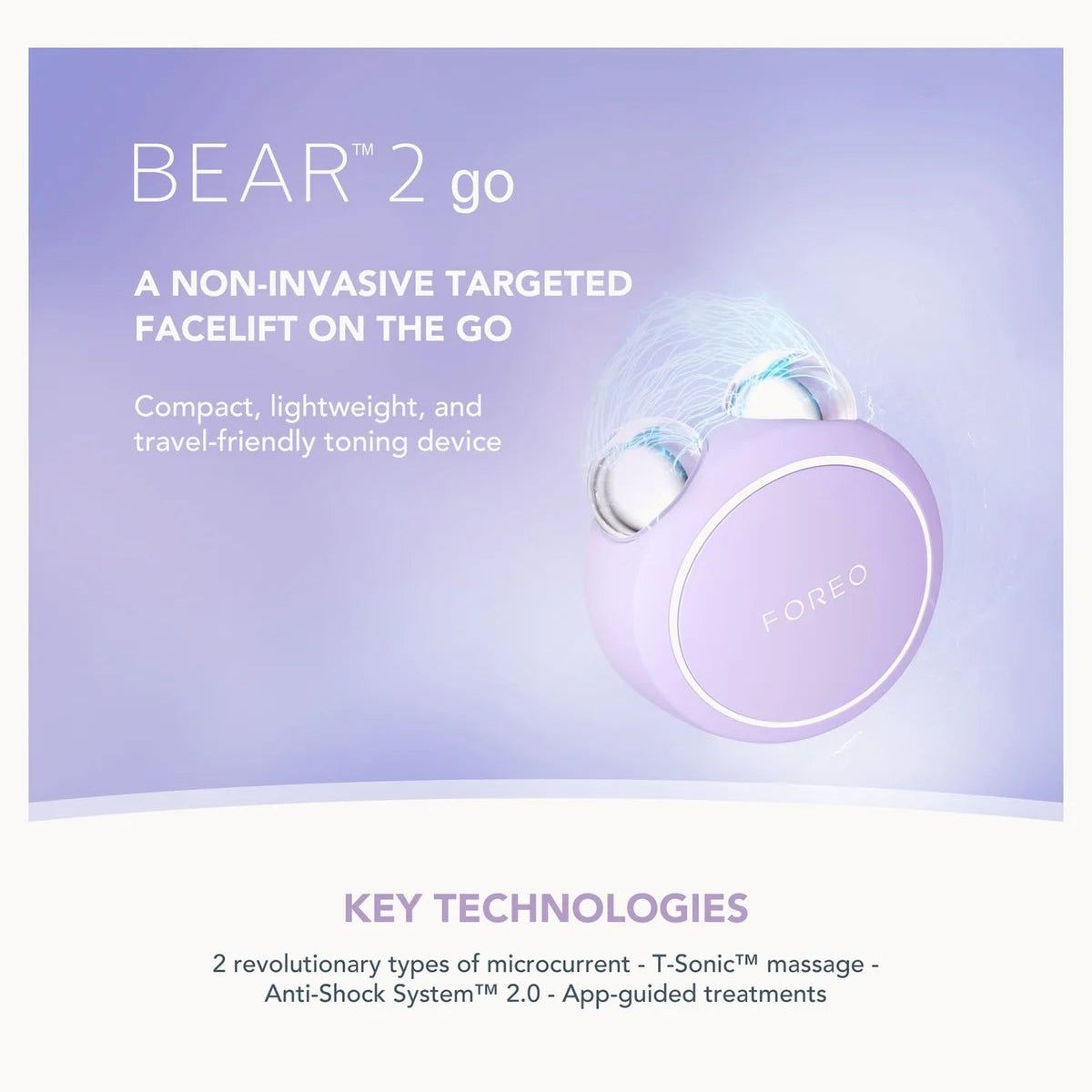 Promotional graphic for the FOREO BEAR 2 go facial toning device, showing a lavender wireless device with two clear charging contacts on a soft purple gradient background, with text describing key technologies and key features.