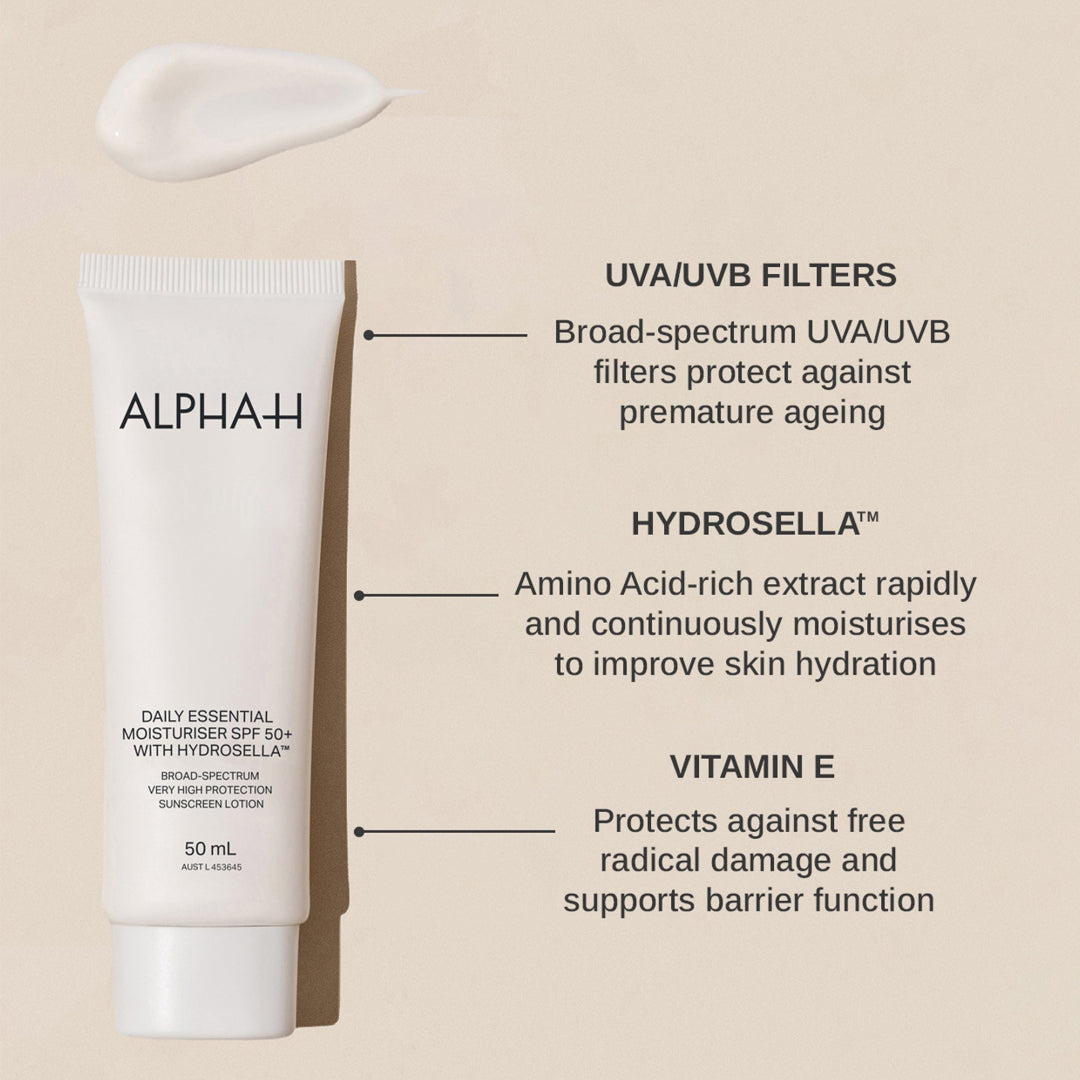 Alpha-H daily essential moisturiser with UVA/UVB filters, Hydrocellia, and Vitamin E on a beige background