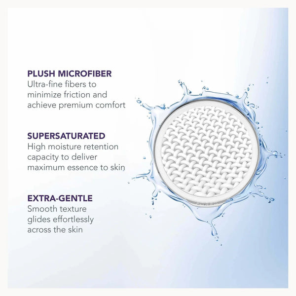Close-up of a round white microfiber cleansing pad with a textured surface, surrounded by water droplets, with descriptive text on a light blue and white background.