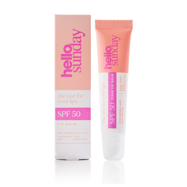 Lip balm packaging with 'hello sunday' branding on a white background