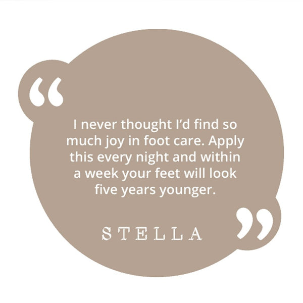 Quote bubble with text about foot care and a brand name on a beige background