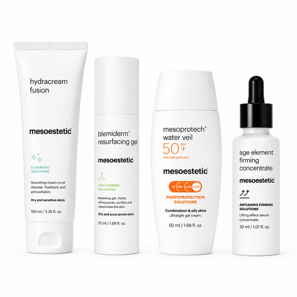 Four Mesoestetic skincare products lined up on a white background: a hydracream fusion tube, a blemderm resurfacing gel bottle, a mesoprotech water 50+ bottle, and an age element firming concentrate dropper bottle.