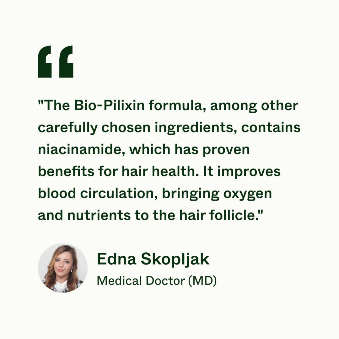 Text quote about Bio-Pilixin formula with a medical doctor's name and title.