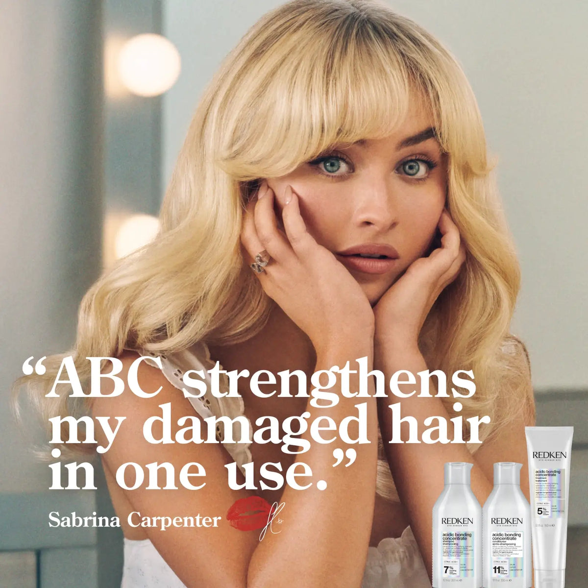 Advertisement featuring a woman with blonde hair and Redken hair care products.