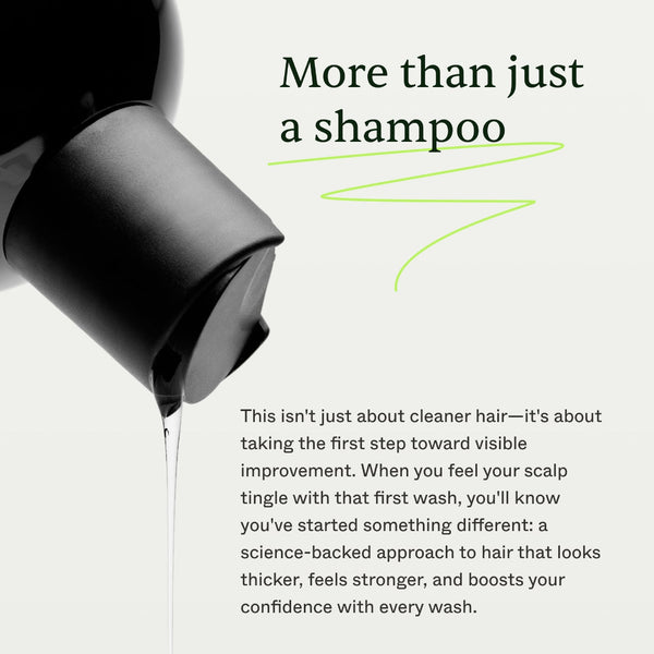 Shampoo bottle with text about hair care benefits on a white background