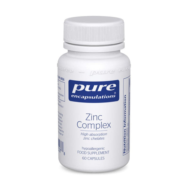 A white plastic bottle of Pure Encapsulations Zinc Complex dietary supplement with a white ribbed cap, on a clean white background.