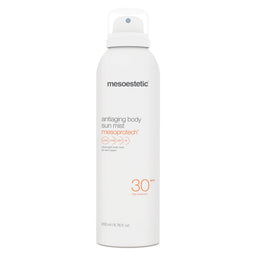 A spray can of mesoestetic Mesoprotech Antiaging Body Sun Mist SPF 30